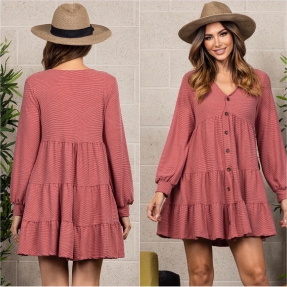 1 LEFT! USA MADE Marsala Rose Babydoll Women's Button Front Detail Fall Dress - Picture 4 of 4